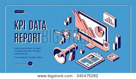 Kpi Data Report Isometric Landing Page, Key Performance Indicators Banner With Infographics Elements