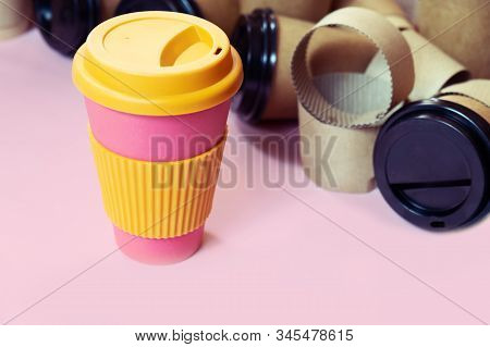 Zero Waste Concept Stylish Reusable Eco Coffee Cup And Multiple Single Use Cardboard Cups. Ban Singl