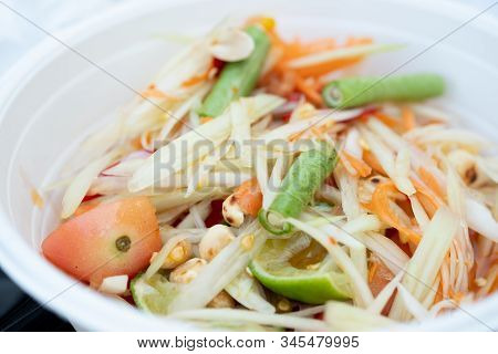 Green Papaya Salad Spicy With Yardlong Bean Herbs And Spices Ingredients Chilli Tomato Peanut Garlic