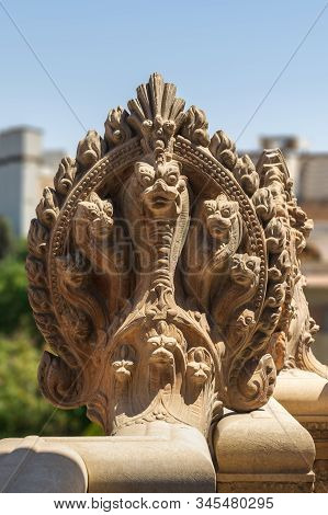 Hindu Statue Of Snakes. One Of The Statues Studding The Terrace Of The Historical Palace Of Baron Em