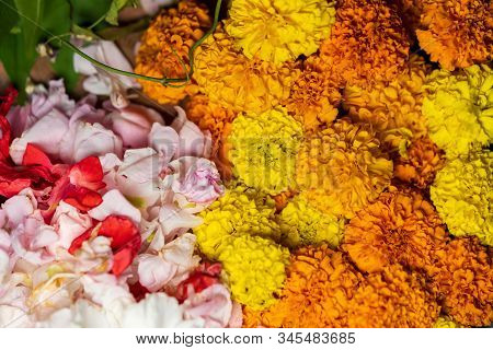 Pooja Thali Full Of Marigold And Little Flowers For Pushpanjali Ritual In Saraswati Puja Or Vasant P