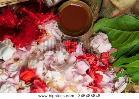 Puja Thali Background Image Of Flowers And Chandan For Saraswati Pooja Rituals. Concept For Indian C