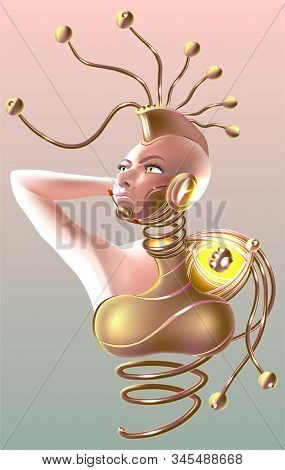 A Beautiful Cyborg Woman Looks Up. Concept Of Cybernetic, Information And Communication Technologies