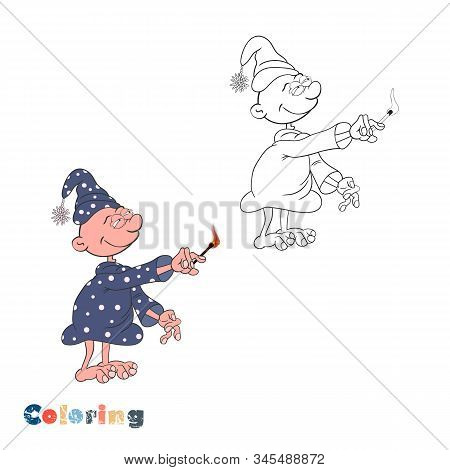 Cartoon Character Suffering From Sleepwalking Holds A Burning Match In His Hand. Vector Illustration