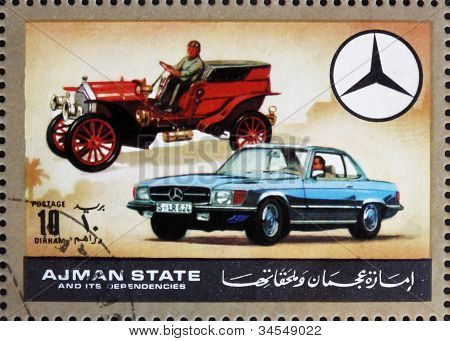 Frimärke Ajman 1972 Mercedes, bilar då och nu