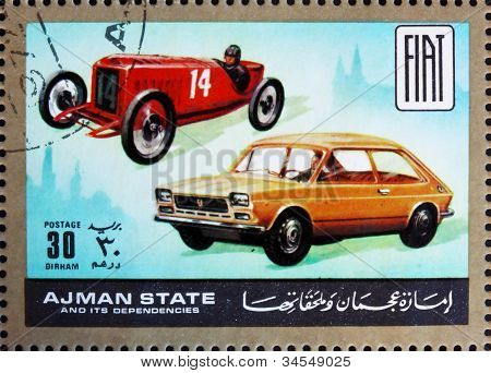 Frimärke Ajman 1972 Fiat, bilar då och nu