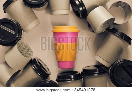 Zero Waste Concept Stylish Reusable Eco Coffee Cup And Multiple Single Use Cardboard Cups. Ban Singl