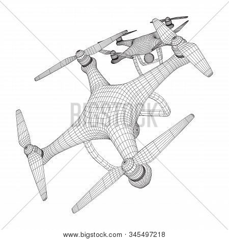 Remote Control Air Drone. Dron Flying With Action Video Camera. Wireframe Low Poly Mesh Vector Illus