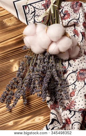 Bouquet Of Dry Lavender And Cotton Flower On Silk Light Pink Scarf. Spring Mood Girl Outfit
