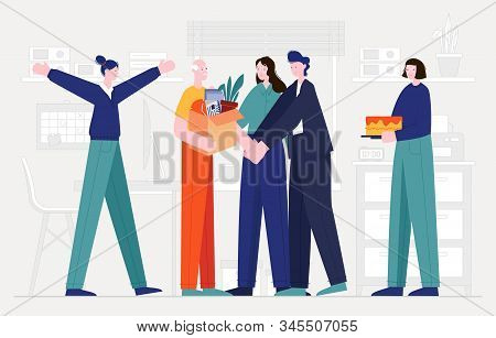 Vector Illustration Of Retirement, His Colleagues Are Seeing Him Off