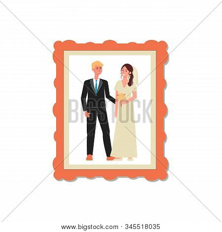 Wedding Snapshot Of Couple In Photo Frame, Flat Vector Illustration Isolated.