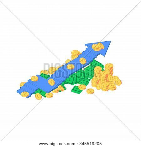 Isometric Money Heap. Vector Illustration Of Stack Of Green Banknotes And Golden Coins Isolated On W