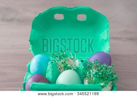 Decorative Handmade Easter Egg Present Box With Eggs And Cress. Beautiful Decoration Easternest Bask