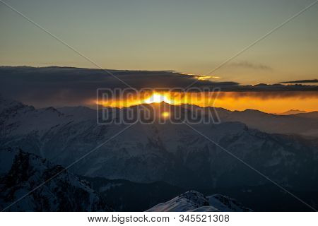 A Beautiful View Of A Sunrise And Snow Capped Mountains In Himalaya From The Summit Of A Himalayan M