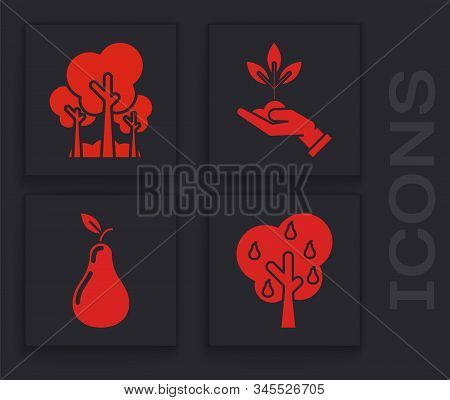Set Tree With Pears, Trees, Plant In Hand Of Environmental Protection And Pear Icon. Vector