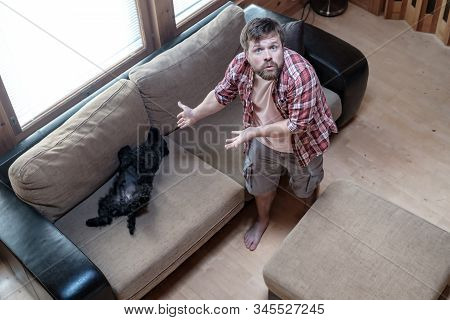 Disgruntled Man Points Hands To The Schnauzer, Who Fell Asleep On The Sofa And Took The Place Of The