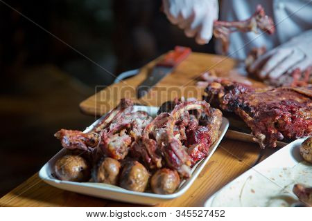Barbecue Is Prepared Of Lamb Or Sheep Meat And Processed By Slasher. Antrikot And Potato Kebabs Are 
