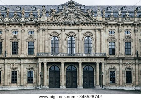 Front View Of The Baroque Palace 'würzburg Residence'. A Tourist Travel Location In Wuerzburg, Germa