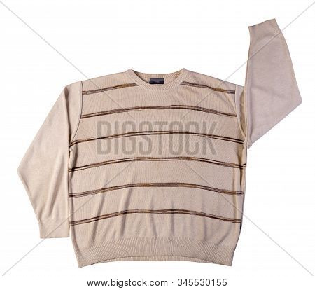 Knitted Hakki Brown Beige Color Sweater Isolated On A White Background. Mens Sweater Under The Neck 