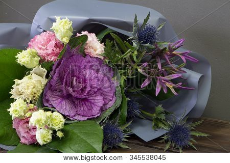 Detail Closeup Of Original Bouquet In Vintage Style On A Dark Background, Selective Focus