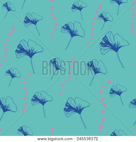 Vector Seamless Pattern Ginko Wax With Blue Ginkgo Leaves, Pink Dots