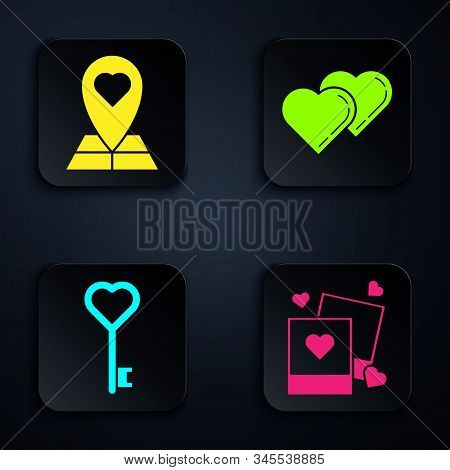 Set Two Blanks Photo Frames And Hearts, Map Pointer With Heart, Key In Heart Shape And Two Linked He