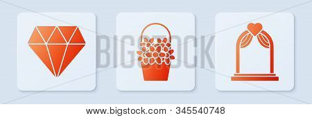 Set Flowers In A Basket, Diamond And Wedding Arch. White Square Button. Vector