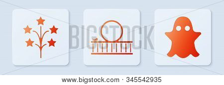 Set Roller Coaster, Fireworks And Ghost. White Square Button. Vector