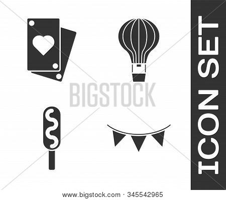 Set Carnival Garland With Flags, Playing Card, Corn Dog And Hot Air Balloon Icon. Vector