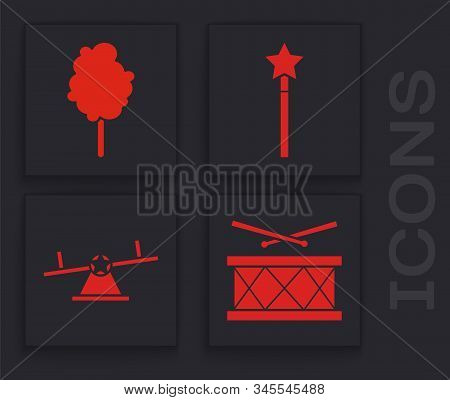 Set Drum With Drum Sticks, Cotton Candy, Magic Wand And Seesaw Icon. Vector