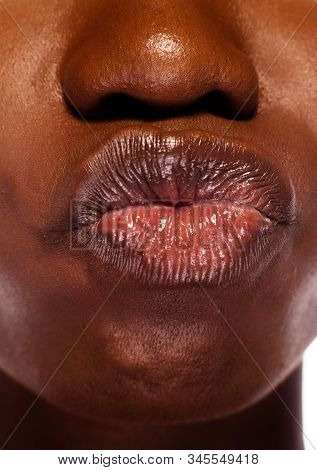 Hot Air Kiss Of Young African American Women. Sexy Young Big African Lips Makes Hot Air Kiss. Close 