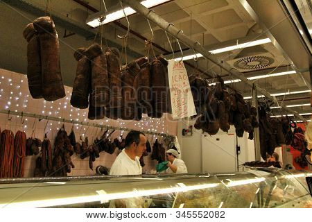 Oporto, Portugal- December 31, 2019: Spicy Pork Sausage For Sale At A Market Stall At The Provisiona