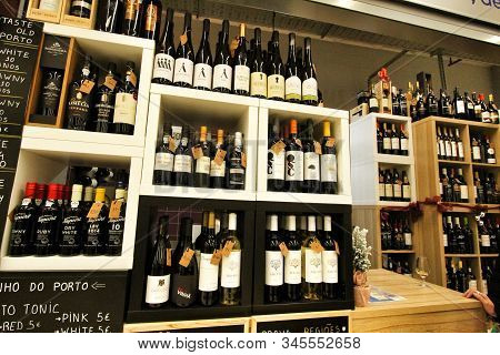 Porto, Portugal- January 6, 2020: Different Types Of Port And Douro Wine Bottles For Sale In A Port 