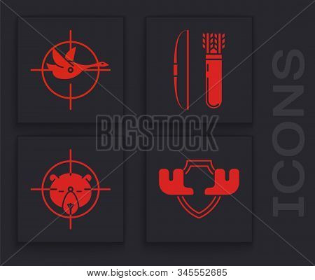 Set Moose Horns On Shield, Hunt On Duck With Crosshairs, Bow And Arrow In Quiver And Hunt On Bear Wi