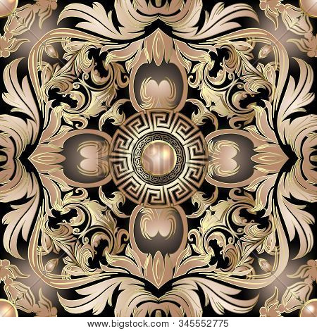 Baroque 3d Vector Seamless Pattern. Greek Style Floral Jewelry Background. Repeat Glowing Damask Bac
