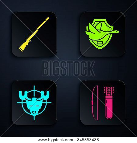 Set Bow And Arrow In Quiver, Hunting Gun, Hunt On Moose With Crosshairs And Flying Duck On Shield. B