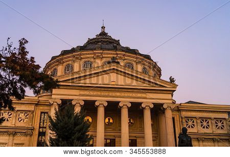 Detail View Of The Romanian Athenaeum Or Ateneul Roman, At Evening Light, A Landmark In The Old Town