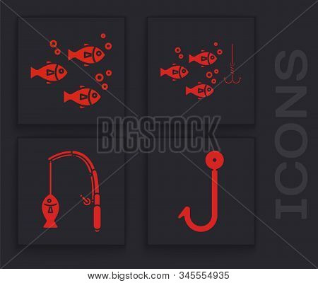 Set Fishing Hook, Fish, Fishing Hook Under Water With Fish And Fishing Rod And Fish Icon. Vector