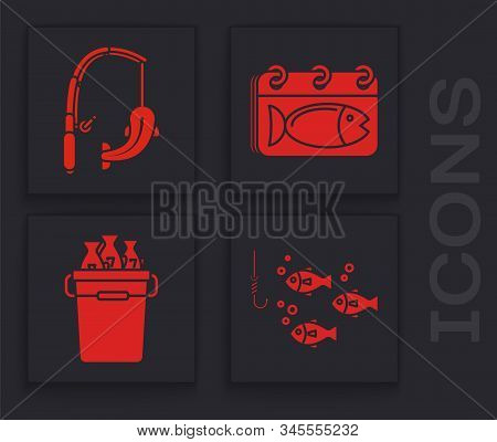 Set Fishing Hook Under Water With Fish, Fishing Rod And Fish, Calendar With A Fish And Fishing Bucke