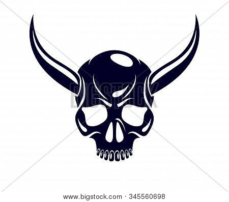 Devil Sign Horned Skull Vector Illustration Classic Style Tattoo, Dead Scull With Animal Horns.
