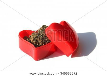 Marijuana or Cannabis in a Red Valentines Day Heart Box. Isolated on white. Room for text. Clipping Path. Marijuana is legal and enjoyed in many of the united states. Valentines Day Cannabis Sativa. 