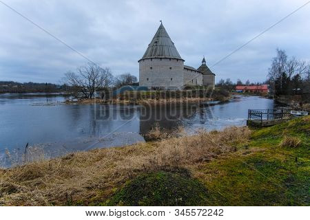 landscape with a picture of a fortress in Staraya Ladoga, Russia