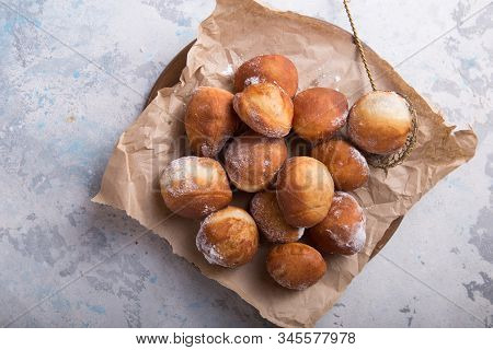 Bunuelos (mexican Fritters) Golden, Crispy-sweet, Tortilla-like Fritters. Pile Of Bunyols De Quaresm
