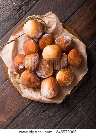 Bunuelos (mexican Fritters) Golden, Crispy-sweet, Tortilla-like Fritters. Pile Of Bunyols De Quaresm