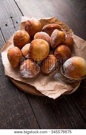 Bunuelos (mexican Fritters) Golden, Crispy-sweet, Tortilla-like Fritters. Pile Of Bunyols De Quaresm