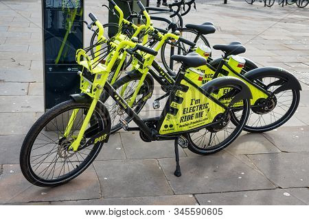 London, Uk - Jan 16, 2020:  Dockless Electric Rental Bikes On London Foot Paths