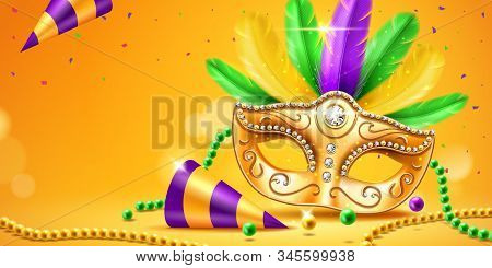 Mardi Gras Parade Banner With Masquerade Or Carnival Mask And Beads, Feather And Confetti, Cone Hat.