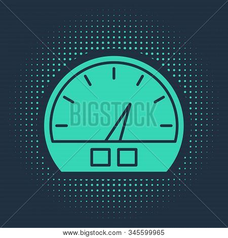 Green Speedometer Icon Isolated On Blue Background. Abstract Circle Random Dots. Vector Illustration