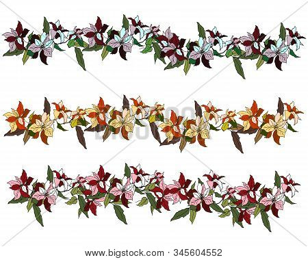 Christmas Set Of Ornaments, Patterns From Poinsetia. Vector Brushes Drawn By Hand.