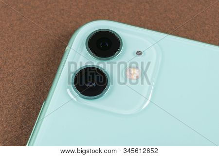 Helsinki, Finland, January 13, 2020: Apple Iphone 11 Camera Close Up On A White Background. Studio S